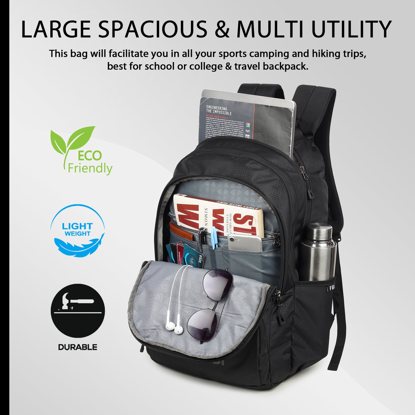 Fbi Water Resistant Adjustable Strap High Quality Padded Mesh Soft Shoulder Strap Water Bottle Pocket 35L Backpack Fbi-94-Sky