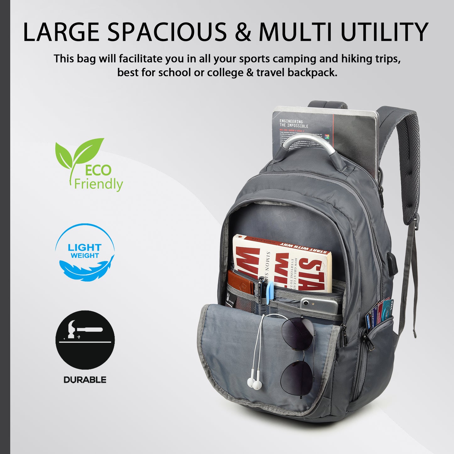 Fbi Water Resistant Adjustable Strap High Quality Padded Mesh Soft Shoulder Strap Water Bottle Pocket 35L Backpack Fbi-177-Grey