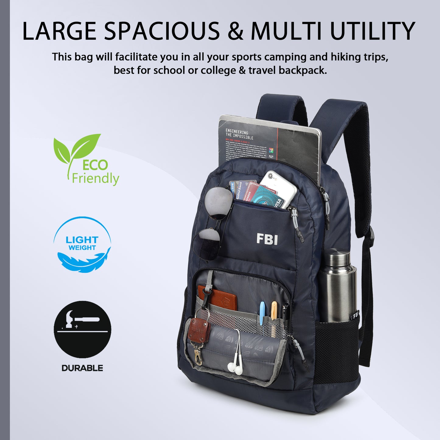 Fbi Water Resistant Adjustable Strap High Quality Padded Mesh Soft Shoulder Strap Water Bottle Pocket 35L Backpack Fbi-93-Royal Blue