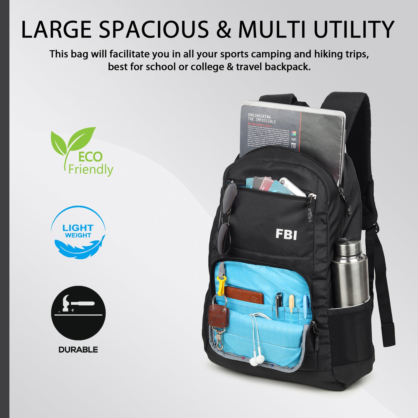 Fbi Water Resistant Adjustable Strap High Quality Padded Mesh Soft Shoulder Strap Water Bottle Pocket 35L Backpack Fbi-93-Royal Blue