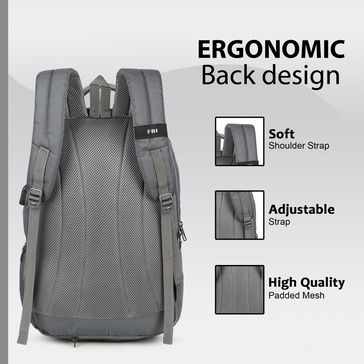 Fbi Water Resistant Adjustable Strap High Quality Padded Mesh Soft Shoulder Strap Water Bottle Pocket 35L Backpack Fbi-177-Grey