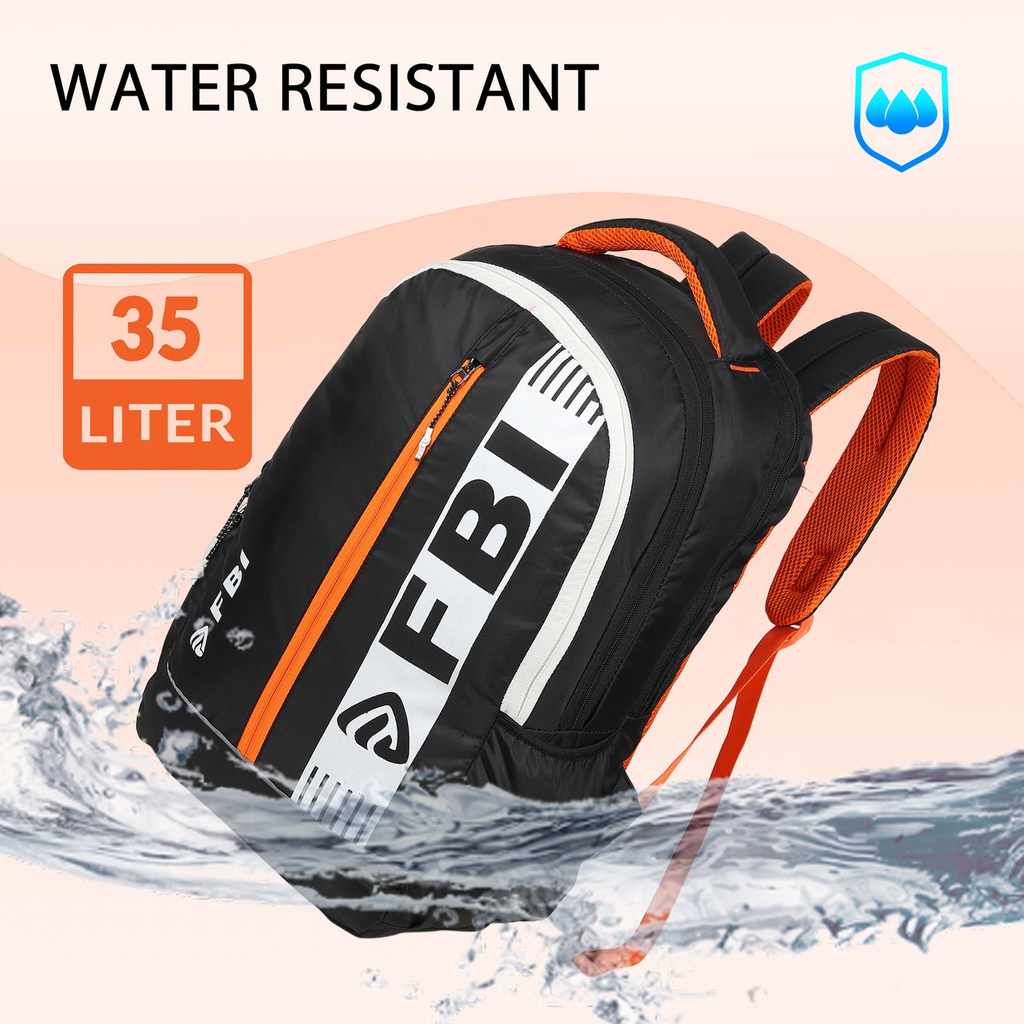 Fbi Water Resistant Adjustable Strap High Quality Padded Mesh Soft Shoulder Strap Water Bottle Pocket 35L Backpack Fbi-105-Black